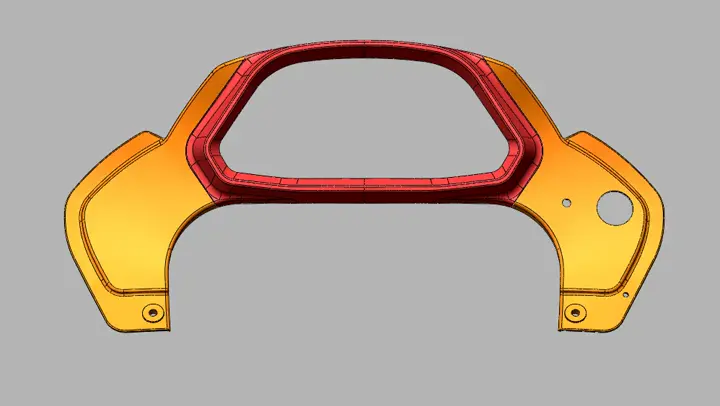 Modèle 3D d’une pièce affiché dans un logiciel de CAO, en dégradé orange et rouge sur fond gris